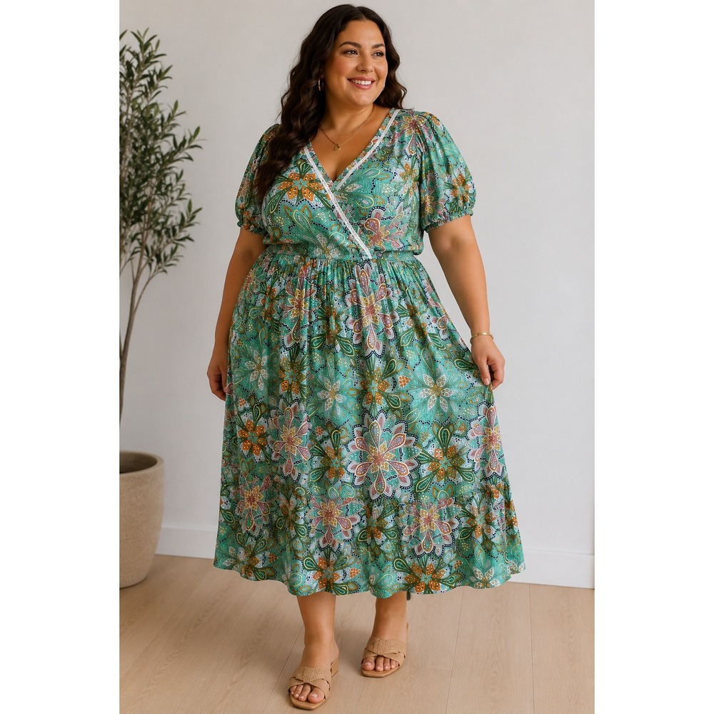 Green Paisley Medallion Tiered Midi Dress 3X Boho Cottage Bright Resort Tropical